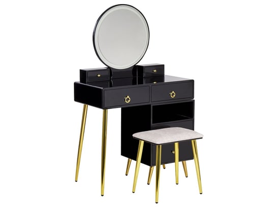 Toaletka 6 szuflad lustro LED ze stołkiem czarno-złota YVES Beliani