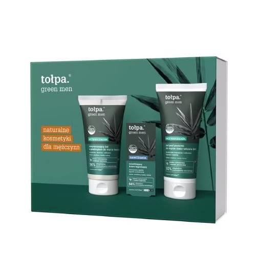 TOŁPA GREEN MEN Zestaw Oczyszczający żel z peelingiem do mycia twarzy, 150ml + Nawilżający krem łagodzący, 50ml + Żel pod prysznic do mycia ciała i włosów 2w1, 200ml Tołpa