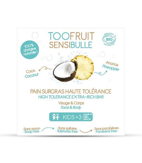 Toofruit, Kostka dermatologiczna, Ananas i Kokos, bogata formuła, do każdego rodzaju skóry, zamiast mydła, 85g Toofruit