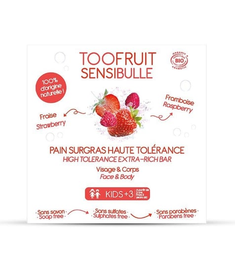 Toofruit, Kostka dermatologiczna, Truskawka i Malina, bogata formuła, do każdego rodzaju skóry, zamiast mydła, 85g Toofruit