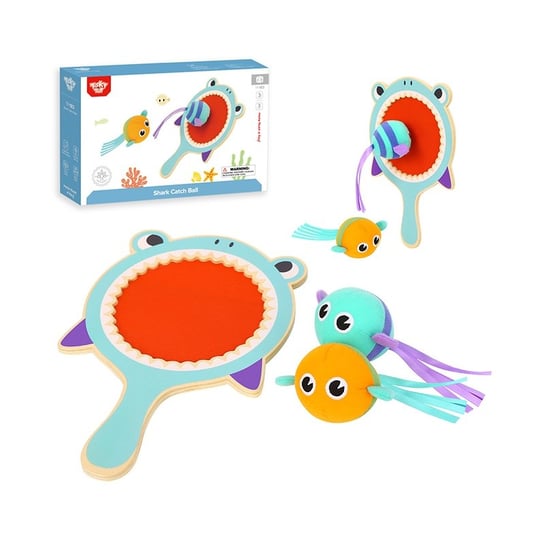 Tooky Toy Gra Zręcznościowa dla Dzieci Drewniana Paletka Rekin + 2 Rybki na Rzep do Łapania Tooky Toy