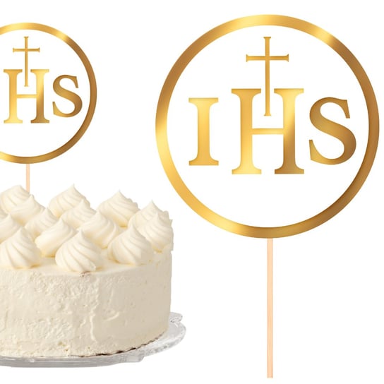 Topper na piku na tort komunijny IHS biało-złoty 13cm ABC