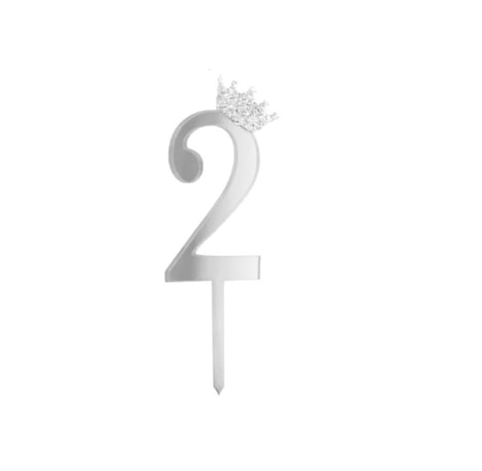 Topper na tort cyfra "2" z koroną, srebrny PartyPal