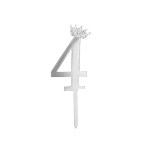 Topper na tort cyfra "4" z koroną, srebrny PartyPal