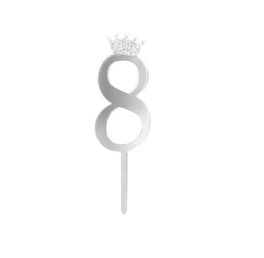 Topper na tort cyfra "8" z koroną, srebrny PartyPal