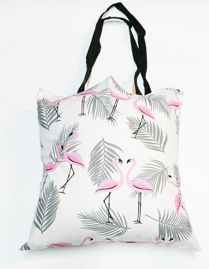 Torba Na Zakupy 37X38 1660E Biała Flamingi Różowe Liście Palmy Szare Karo