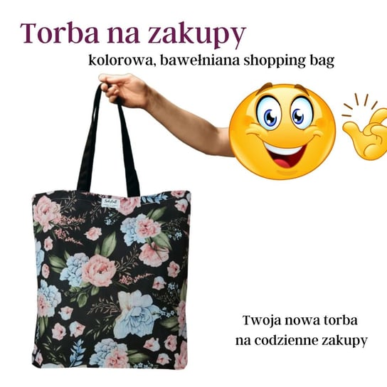 Torba na zakupy bawełniana Eko kolorowa shopperka do reki na ramię - FLOWERS ON A BLACK BabyBall