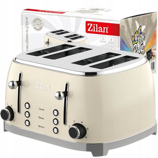 Toster Retro 4 Tosty 6 Poziomów Opiekania Beżowy 1500W Zilan