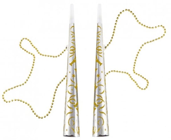 Trąbki horn Happy New Year na złotym łańcuszku, srebrne z brokatem, 2 sztuki GODAN