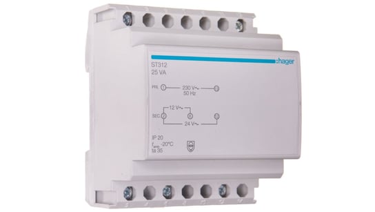 Transformator bezpieczeństwa modułowy 230/12-24V AC 1,04-2,08A 25VA IP20 ST312 HAGER POLO