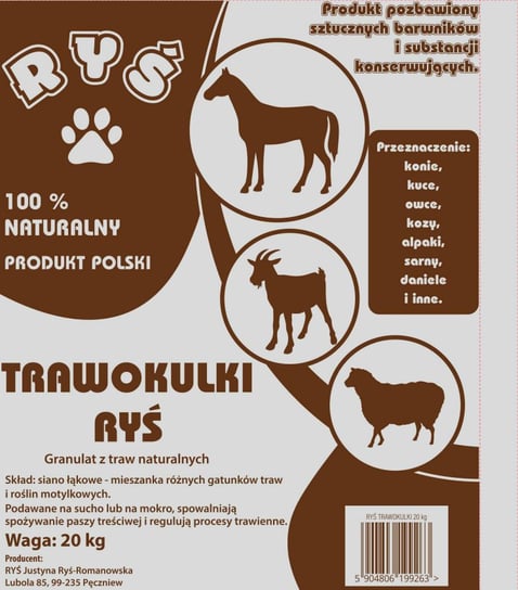 TRAWOKULKI siano granulowane 20 kg RYŚ Z NATURALNYCH TRAW dla koni, kucy, owiec, kóz i alpak RYŚ