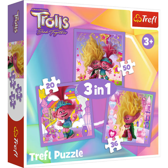 Trefl, Puzzle 3w1, Poznaj wesołe Trolle. 20-36-50 el. Trefl