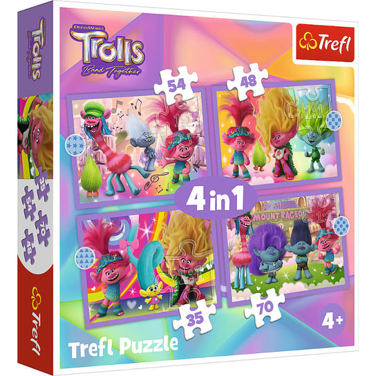 Trefl, Puzzle 4w1, Przygody kolorowych Trolli, 35-48-54-70 el. Trefl