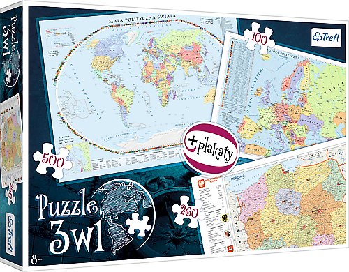 Trefl, puzzle, Mapa Polski, Europy, Świata, 100/260/500 el. Trefl