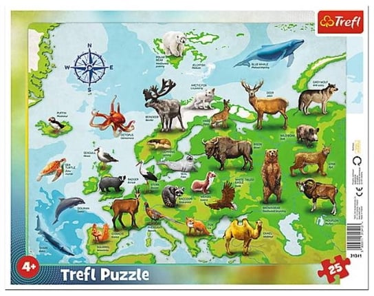 Trefl, puzzle, ramkowe, Mapa Europy ze Zwierzętami, 25 el. Trefl