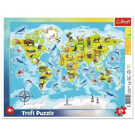 Trefl, puzzle, ramkowe, Mapa Świata ze Zwierzętami, 25 el. Trefl