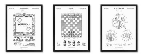 Tryptyk obrazy retro plakaty do salonu gra planszowa Monopoly kostki do gry szachy 96x42 cm iWALL studio