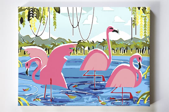 Trzy flamingi, ptaki, zwierzęta, abstrakcja, malowanie po numerach, blejtram Akrylowo