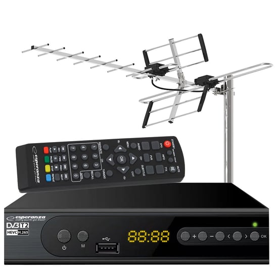 Tuner cyfrowy Esperanza EV106 DVB-T/T2 H.265/HEVC + antena kierunkowa VHF/UHF MUX8 ATD31S Esperanza