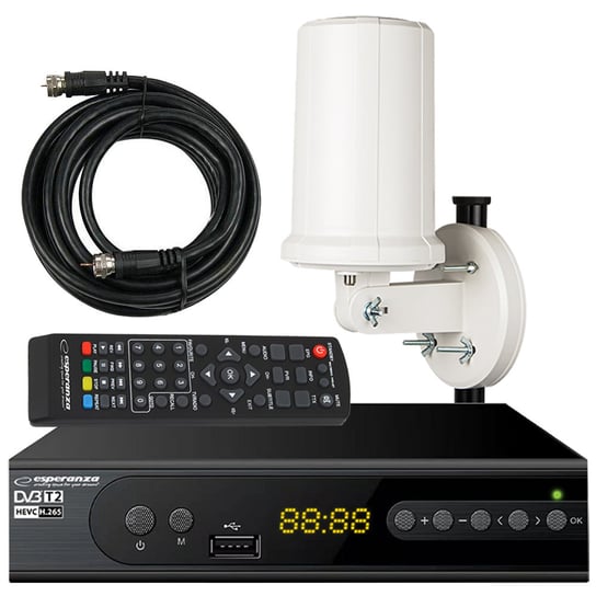 Tuner cyfrowy Esperanza EV106 DVB-T/T2 H.265/HEVC + antena zew/wew ATD12 + kabel 6m Esperanza