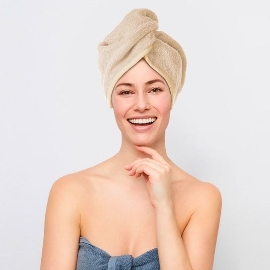 Turban kąpielowy 65x23 beżowy frotte new ręcznik do włosów na głowę Spod Igły i Nitki
