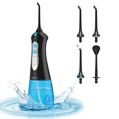 Turewell Fc1592 Water Dental Flosser Cordless With Powerful Battery Oral Irrigator For Teeth Cleaner 3 Modes And 4 Jet Tips Ipx7 Waterproof300Ml Detachable Water Tank For Home And Travel (Black) Inna marka