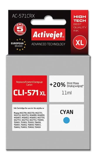 Tusz Activejet AC-571CRX (zamiennik Canon CLI-571XL; Premium; 11 ml; niebieski) Activejet