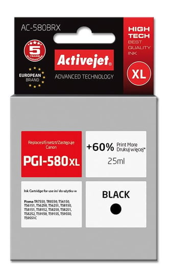 Tusz Activejet AC-580BRX (zamiennik Canon PGI-580XL; Premium; 25 ml; czarny) Activejet