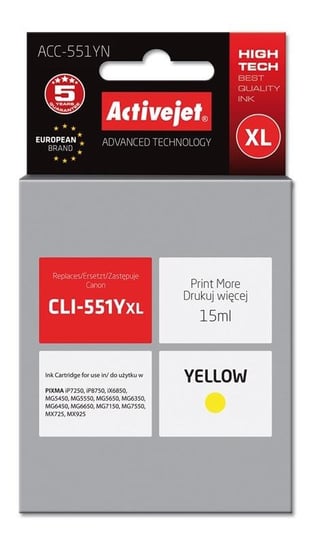 Tusz ACTIVEJET ACC-551YN Supreme, żółty, 15 ml, CLI-551YXL Activejet