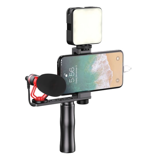 Uchwyt na telefon selfie stick APEXEL APL-VG01-ML stojak statyw z mikrofonem + lampa LED Apexel