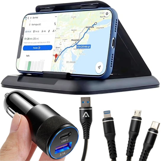 Uchwyt samochodowy Alogy Carbon na telefon do 6.8 cali GPS na deskę kokpit Czarny + Kabel 3w1 + Ładowarka USB-C + USB 3.1A Alogy