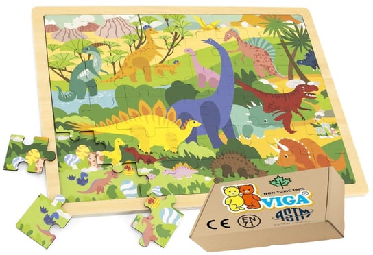 UKŁADANKA DREWNIANA Puzzle 48el DINOZAURY zabawka dla 2 3 4 lat latka VIGA 2+ montessori PakaNiemowlaka