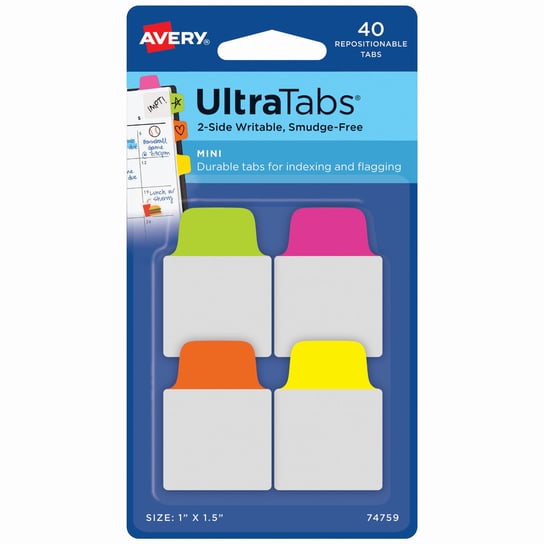 Ultra Tabs samoprzylepne zakładki indeksujące, kolorowe, neonowe, 25,4x38, 40 szt., Avery Zweckform AVERY Zweckform