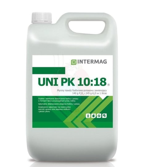UNI PK 10:18 to płynny nawóz zawierający fosfor i potas (140 g P2O5 i 245 g K2O w 1 litrze) w formach łatwo dostępnych dla roślin. Stosowany nalistnie w zabiegach dokarmiania dolistnego szybko dostarcza roślinom fosfor i potas. inna (Inny)