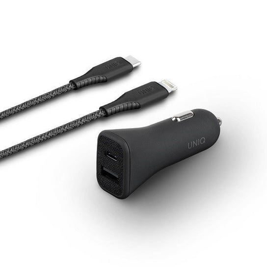 UNIQ Ładowarka samochodowa Votra Duo P30 USB-C PD 30W MFI + kabel USB-C na lightning czarny UNIQ