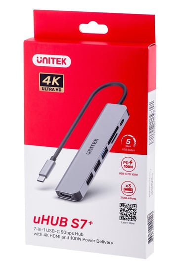 UNITEK,  HUB USB-C 7W1, HDMI 4K, PD 100W, 5GBPS, ALU Unitek