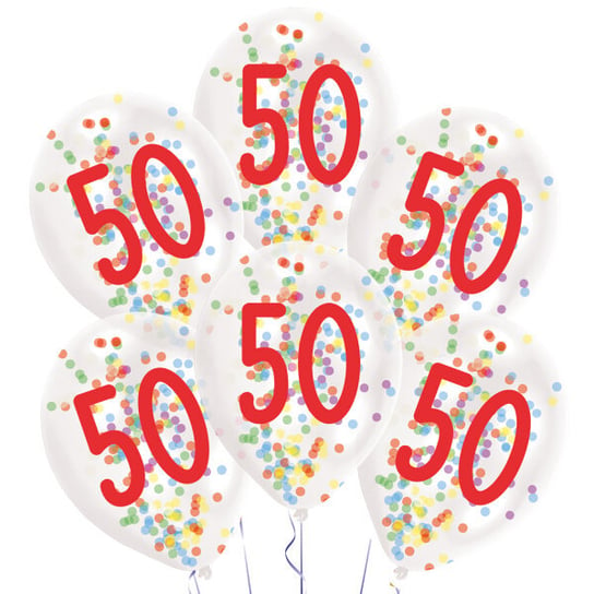 Urodzinowe konfetti - Balony 11'' przeźroczyste z konfetti numer 50 6 sztuk Amscan