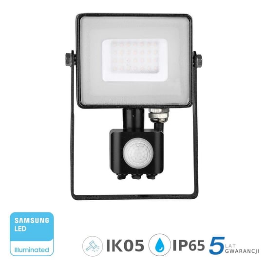 V-TAC, Samsung, Naświetlacz halogen LED, 30W, Czujnik Ruchu Czarny VT-30-S ciepły, 2400lm V-TAC