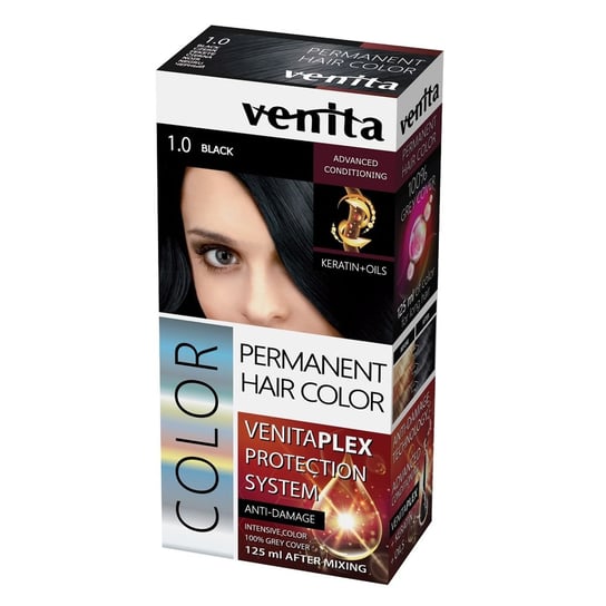 Venita, Plex Protection System Permanent Hair Color, farba do włosów z systemem ochrony koloru 1.0 Black Venita