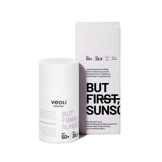 Veoli Botanica, But First Sunscreen, Lekki Nawilżająco-łagodzący Krem Ochronny Przeciw Fotostarzeniu, SPF 50+, PPD 28,9, PA++++ 50 Ml VEOLI BOTANICA