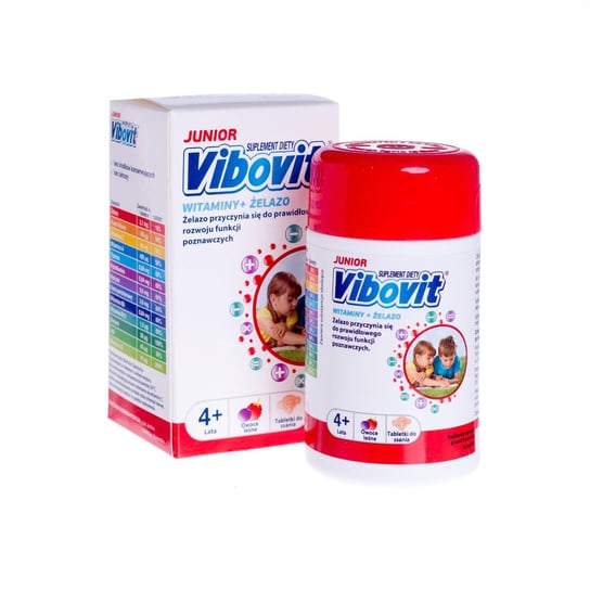 Vibovit Junior, suplement diety Witaminy + żelazo, owoce leśne, 30 tabletek do ssania dla dzieci Vibovit