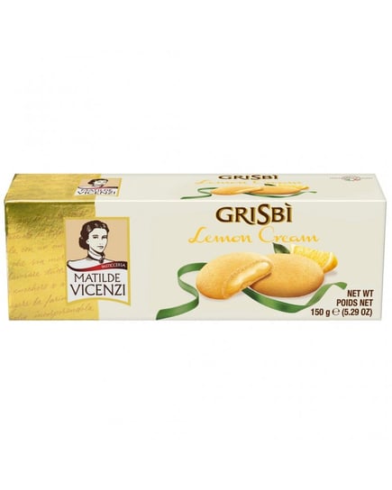 Vicenzi  Grisbi Lemon - ciasteczka waniliowe nadziewane kremem cytrynowym. Chrupkie, bardzo orzeźwiające ciasteczka, wypełnione po brzegi gęstym kremem cytrynowym 150g VICENZI