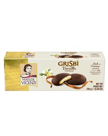 Vicenzi  Grisbi Vanilla - ciasteczka czekoladowe nadziewane kremem waniliowym. Chrupkie, bardzo czekoladowe ciasteczka, wypełnione po brzegi gęstym kremem z wanili oraz dodatkiem Buorbon 150g VICENZI