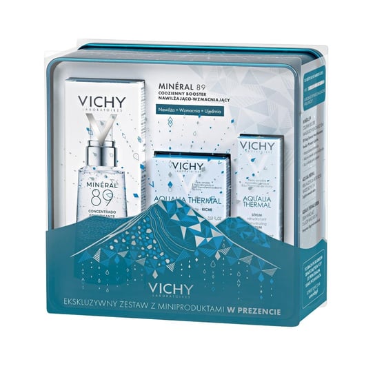 Vichy zestaw Booster Mineral 89, booster wzmacniająco-nawilżający, 50 ml + bogaty krem nawilżający na dzień Aqualia Termal, 15 ml  + serum nawilżające Aqualia Termal, 3 ml Vichy
