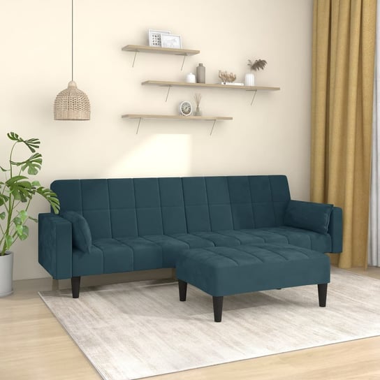 vidaXL 2-os. sofa z 2 poduszkami i podnóżkiem, niebieska, aksamitna vidaXL