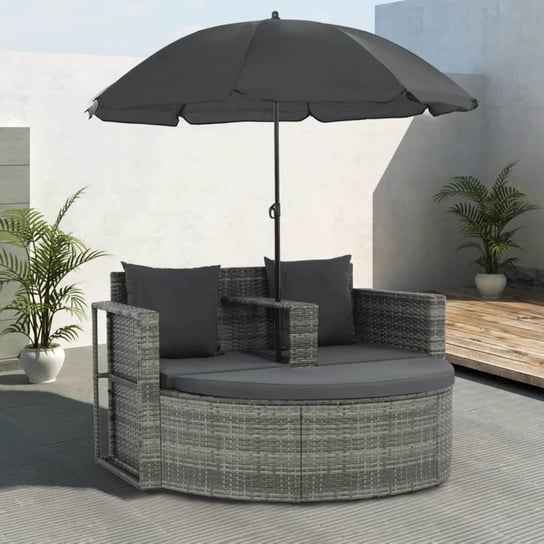 vidaXL 2-osobowa sofa z poduszkami i parasolem, polirattan, szara vidaXL