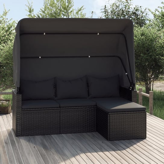 vidaXL 3-os. sofa ogrodowa z daszkiem i podnóżkiem, polirattan, czarna vidaXL