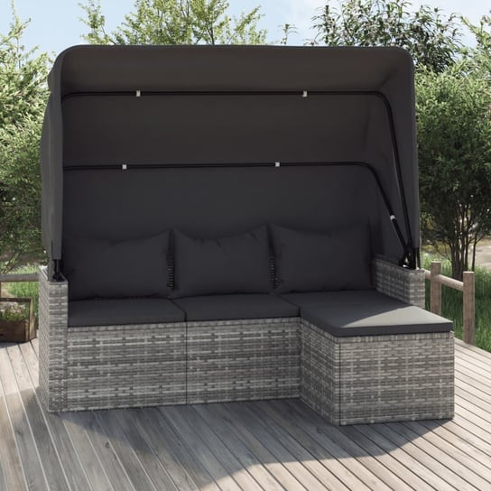 vidaXL 3-os. sofa ogrodowa z daszkiem i podnóżkiem, szara, polirattan vidaXL