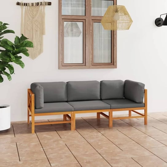 vidaXL 3-os. sofa ogrodowa z szarymi poduszkami, lite drewno tekowe vidaXL