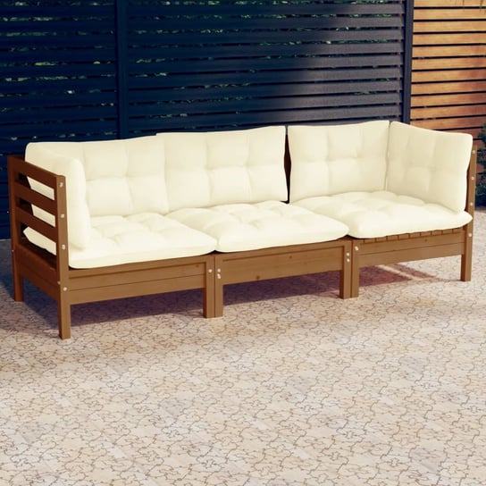 vidaXL 3-osobowa sofa ogrodowa z kremowymi poduszkami, drewno sosnowe vidaXL